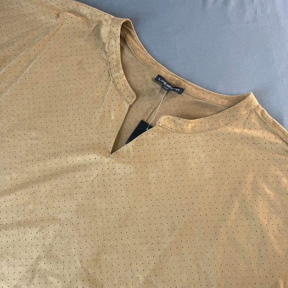 Lane Bryant Brown Microsuede Top Plus Size 18/20 Short Sleeve Split Neck Stretch